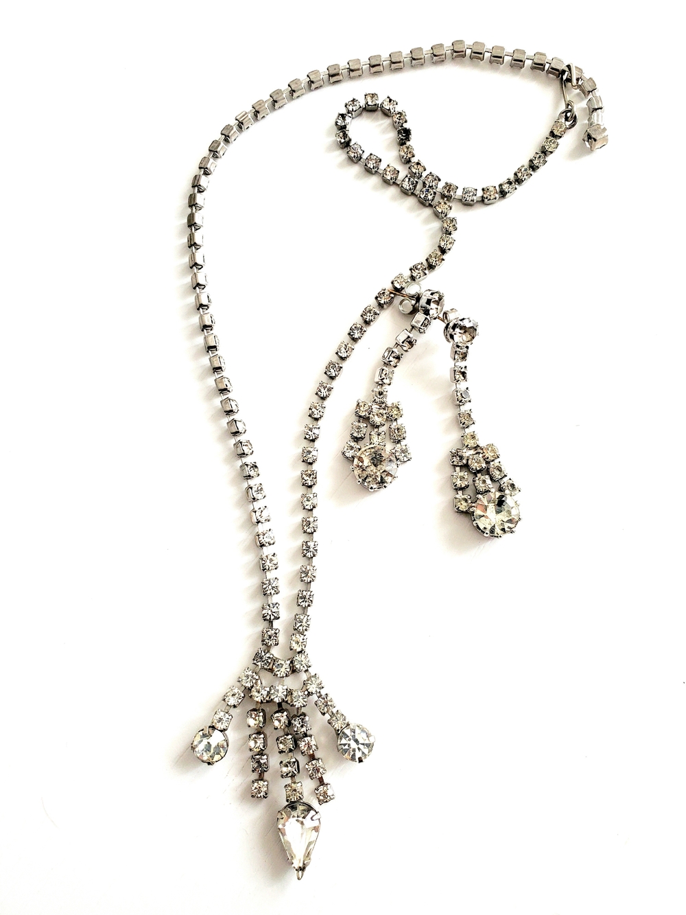 Silver Crystal Drop Y-Necklace with Clear Rhinestone Accents - Vintage